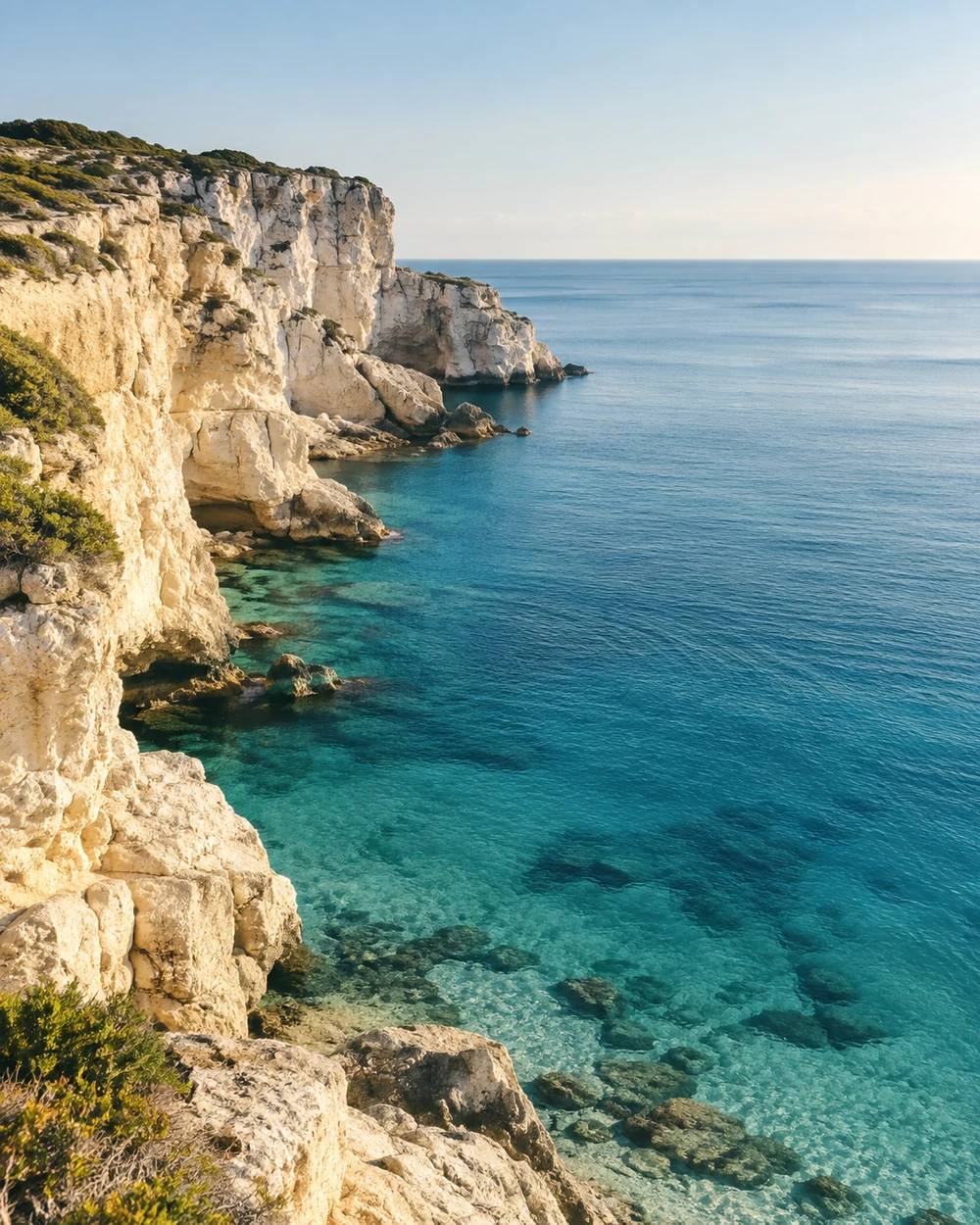 Costa chiara e mare verde azzurro come riferimento di atmosfera