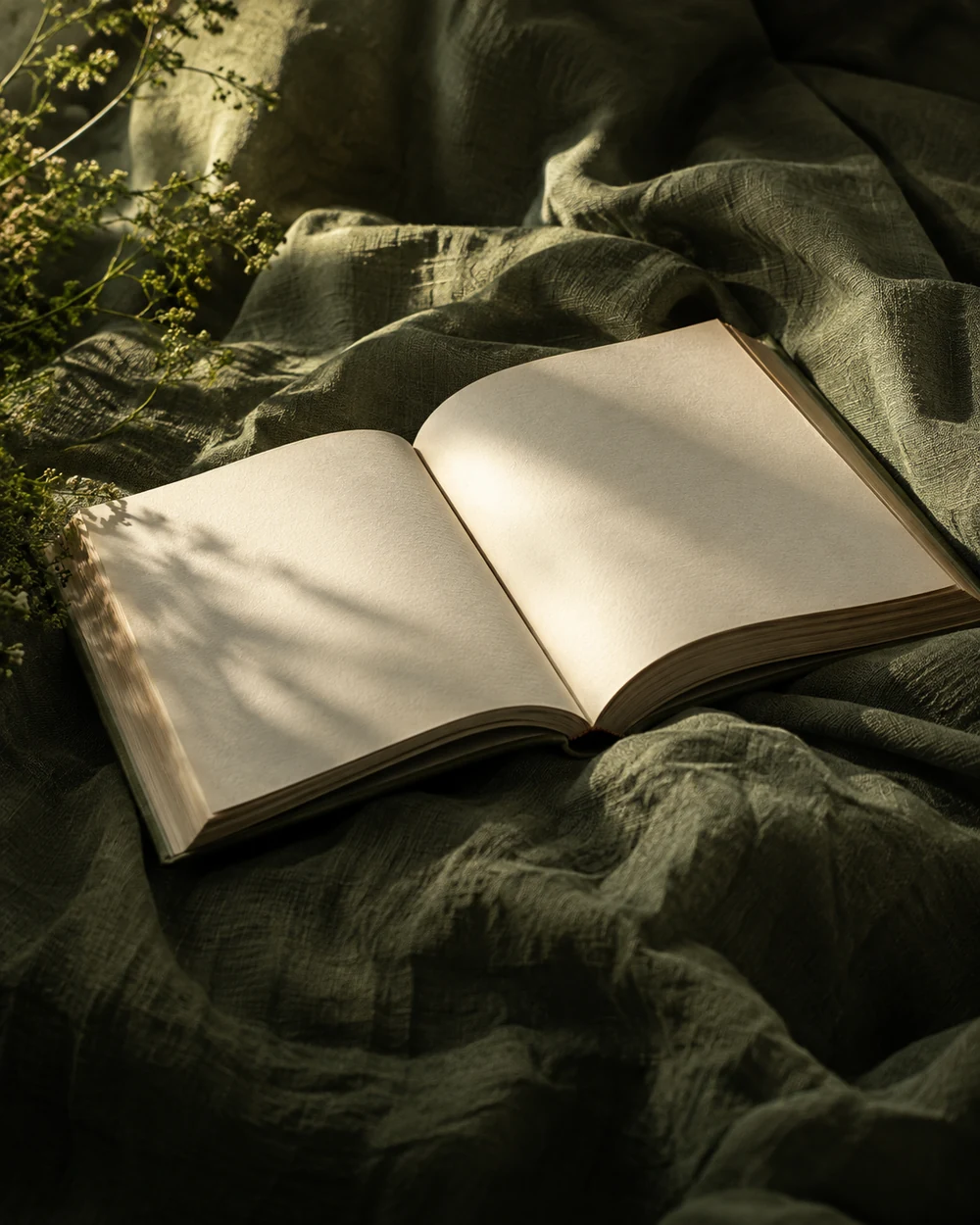 Libro aperto su tessuto verde